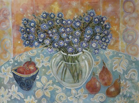 Framed Blue Flowers On A Hawaiian Cloth Print