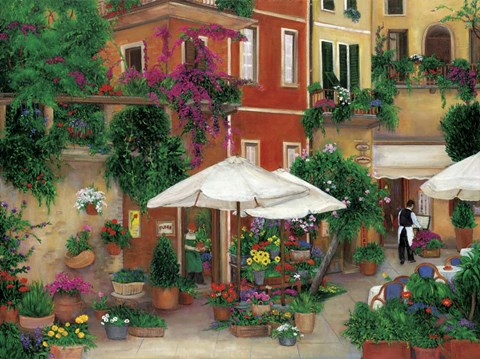 Framed Flowers By The Cafe Print