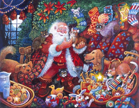 Framed Santa with Pets Print