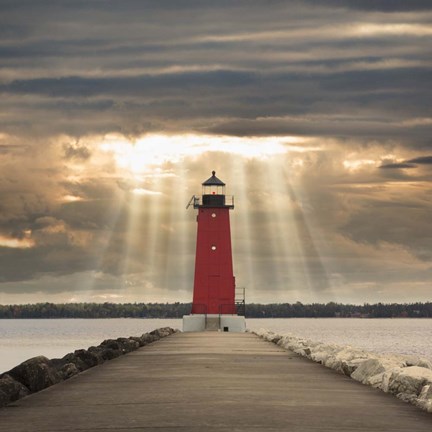 Framed Manistique Lighthouse &amp; Sunbeams, Manistique, Michigan &#39;14 - Color Print