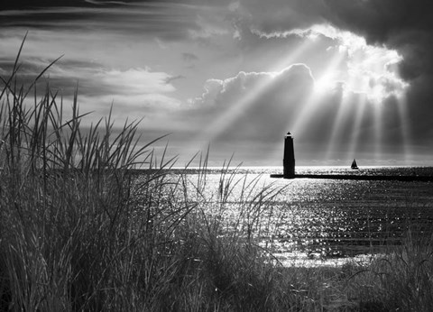 Framed Frankfort Lighthouse and Sunbeams, Frankfort, Michigan &#39;13-IR Print