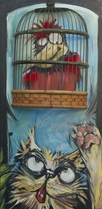 Framed Bird In Cage With Cat Print