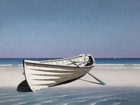 Framed White Boat On Beach Print