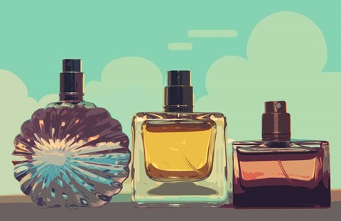 Framed Vintage Fashion Perfume Bottles Blue Print