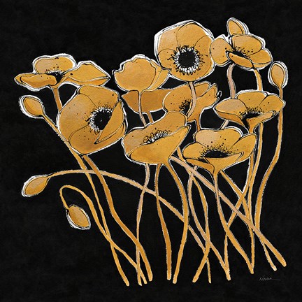 Framed Gold Black Line Poppies I v2 Print