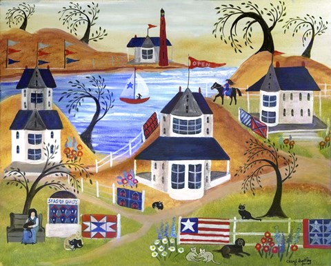 Framed Americana Seaside Quilts Under Willow Trees Print