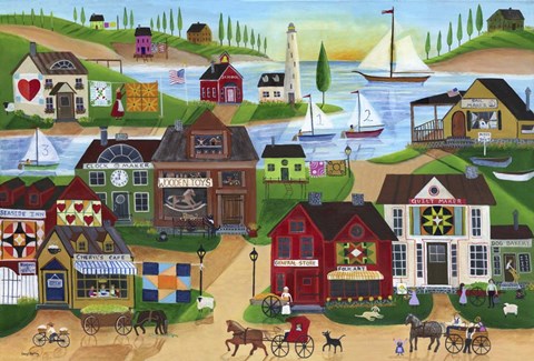 Framed Seaside Village With Wooden Toy Maker Sail Boats Print