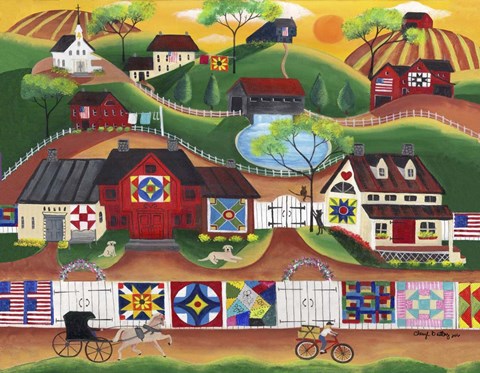 Framed Sunrise Colorful Country Quilt Village Print