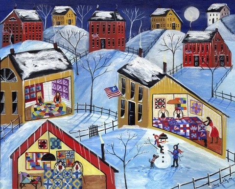 Framed Winter Moon Quilter Village Print