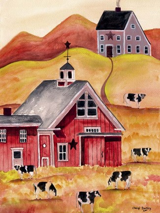 Framed Cow Folk Art Barn Print