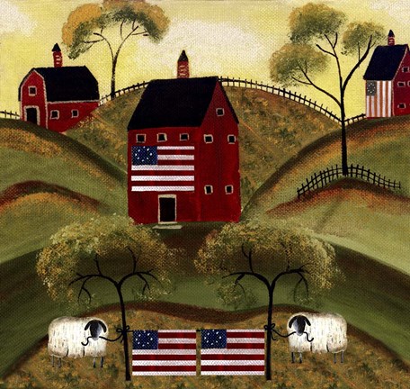 Framed 4th July Sheep Red Barns Print
