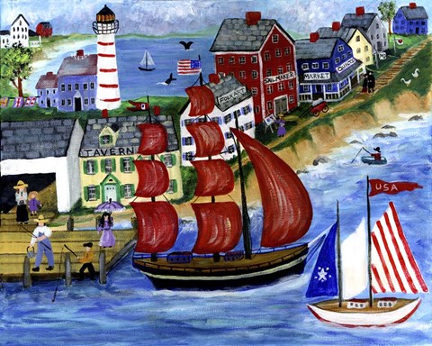 Framed Red Sails Folk Art Seaside Print