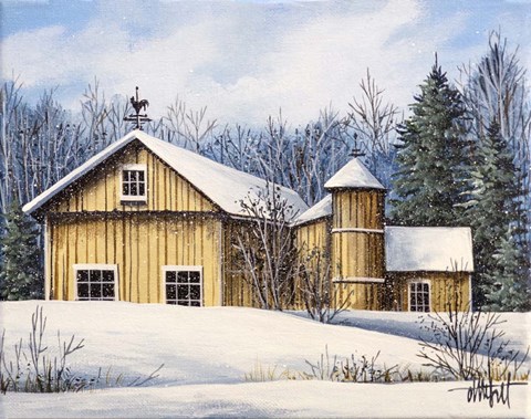 Framed Yellow Barn Winter 1 Print