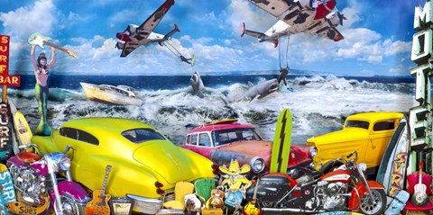 Framed Seaside Shark Surfing Print