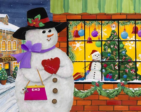 Framed Snow Woman Window Shops Print