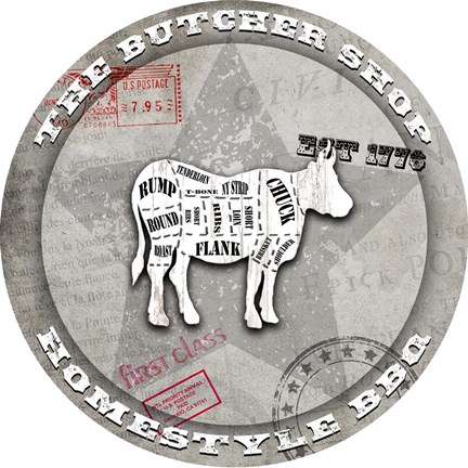 Framed American Butcher Shop Round Cow Print