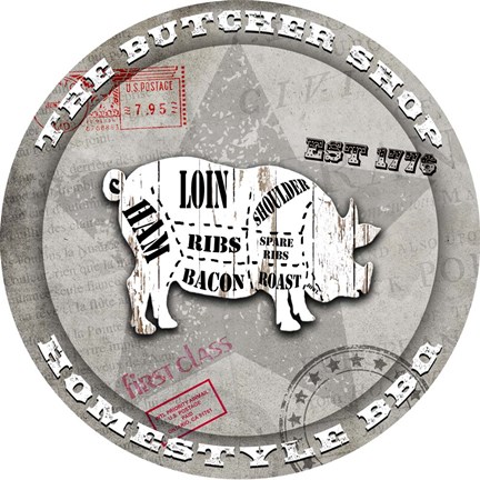 Framed American Butcher Shop Round Pig Print