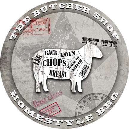 Framed American Butcher Shop Round Sheep Print