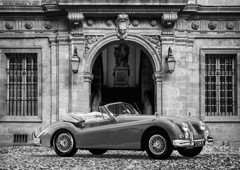 Framed Luxury Car in front of Classic Palace (BW) Print