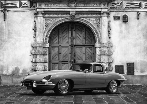 Framed Roadster in front of Classic Palace (BW) Print