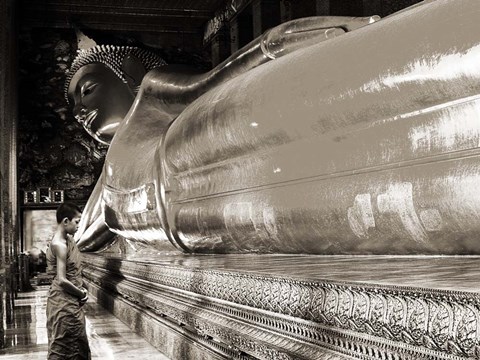 Framed Praying the reclined Buddha, Wat Pho, Bangkok, Thailand (sepia) Print