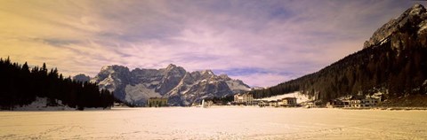Framed Frozen Lake with Town at Mountainside, Lake Misurina, Veneto, Italy Print