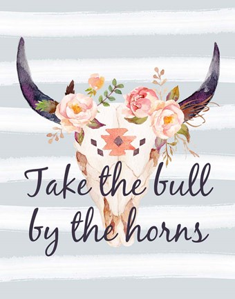 Framed Bull Skull on Stripes III Print