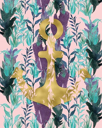 Framed Teal Florals Gold Anchor Print