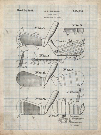 Framed Golf Club Patent - Antique Grid Parchment Print
