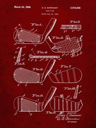 Framed Golf Club Patent - Burgundy Print