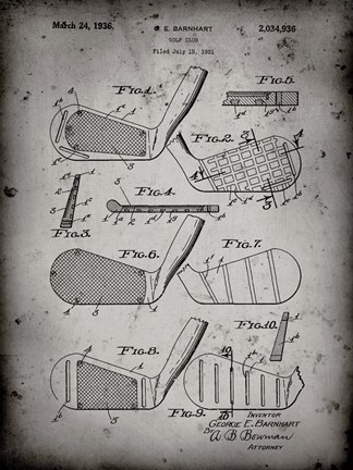 Framed Golf Club Patent - Faded Grey Print