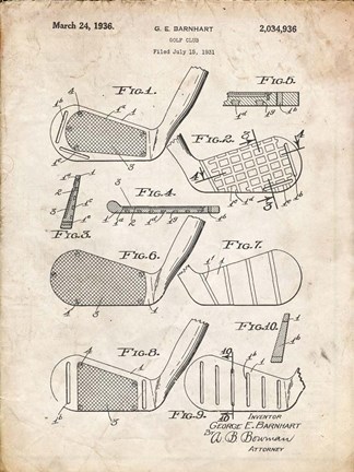 Framed Golf Club Patent - Vintage Parchment Print
