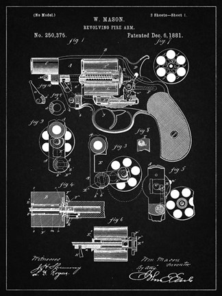 Framed Revolving Fire Arm Patent - Vintage Black Print