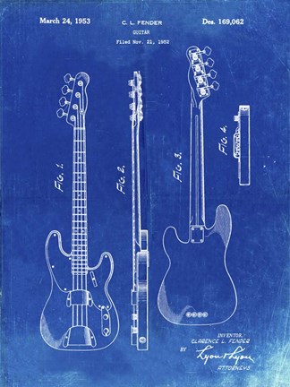 Framed Guitar Patent - Faded Blueprint Print