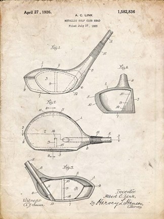 Framed Metallic Golf Club Head Patent - Vintage Parchment Print