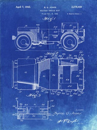 Framed Military Vehicle Body Patent - Faded Blueprint Print