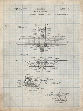 Framed Amphibian Aircraft Patent - Antique Grid Parchment Print