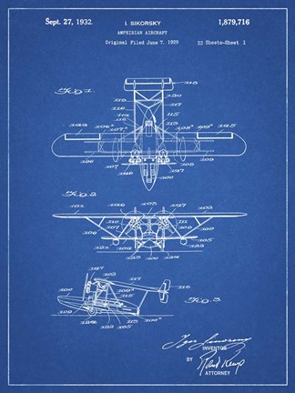 Framed Amphibian Aircraft Patent - Blueprint Print
