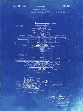 Framed Amphibian Aircraft Patent - Faded Blueprint Print