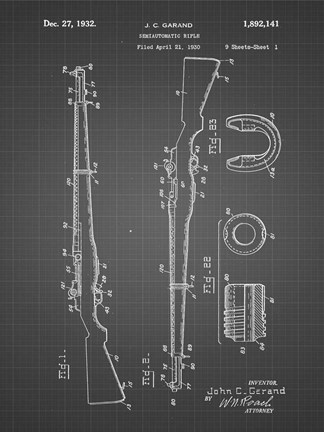 Framed Semi-Automatic Rifle Patent - Black Grid Print