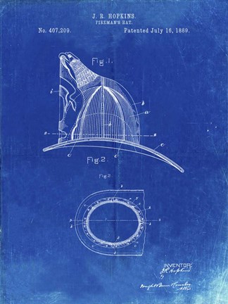 Framed Fireman&#39;s Hat Patent - Faded Blueprint Print