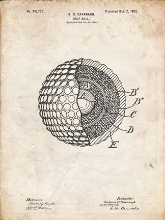 Framed Golf Ball Patent - Vintage Parchment Print