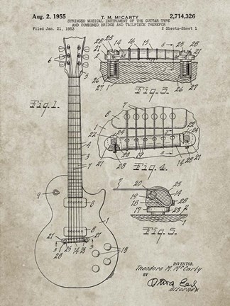 Framed Guitar &amp; Combined Bridge &amp; Tailpiece Therefor Patent - Sandstone Print