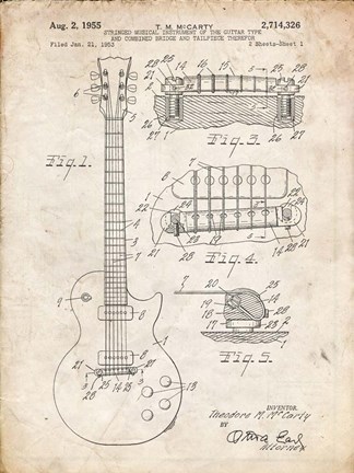 Framed Guitar &amp; Combined Bridge &amp; Tailpiece Therefor Patent - Vintage Parchment Print