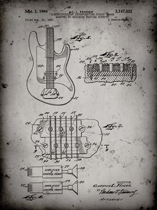 Framed Electric Guitar Patent - Faded Grey Print