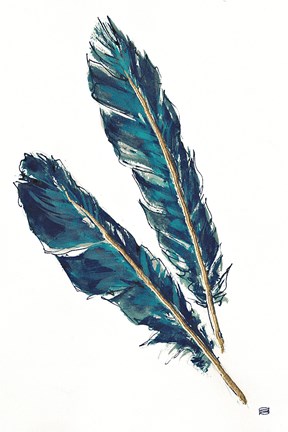 Framed Gold Feathers III Indigo Print