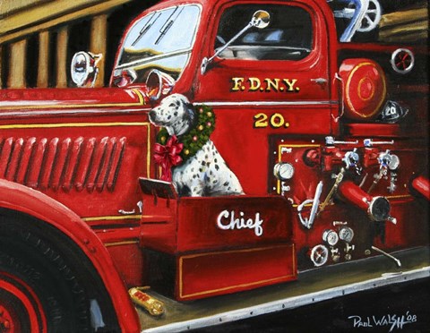 Framed Dalmation Christmas Firetruck Print