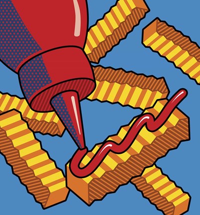 Framed Fries With Ketchup On Blue Print