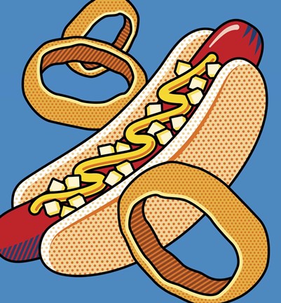 Framed Hot Dog Onion Rings On Blue Print