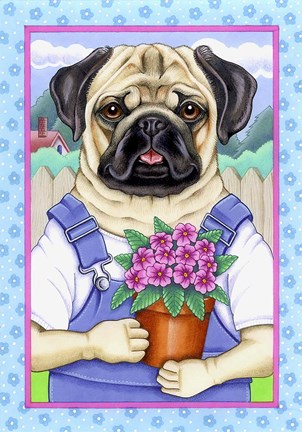 Framed Pug Flower Pot Print